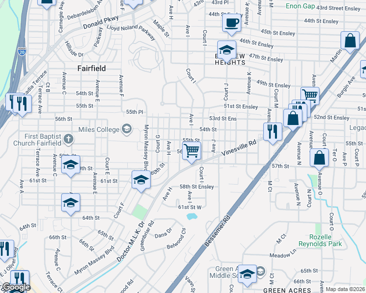 map of restaurants, bars, coffee shops, grocery stores, and more near 5521 Court H in Birmingham