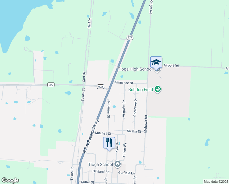 map of restaurants, bars, coffee shops, grocery stores, and more near 714 Arapaho Drive in Tioga