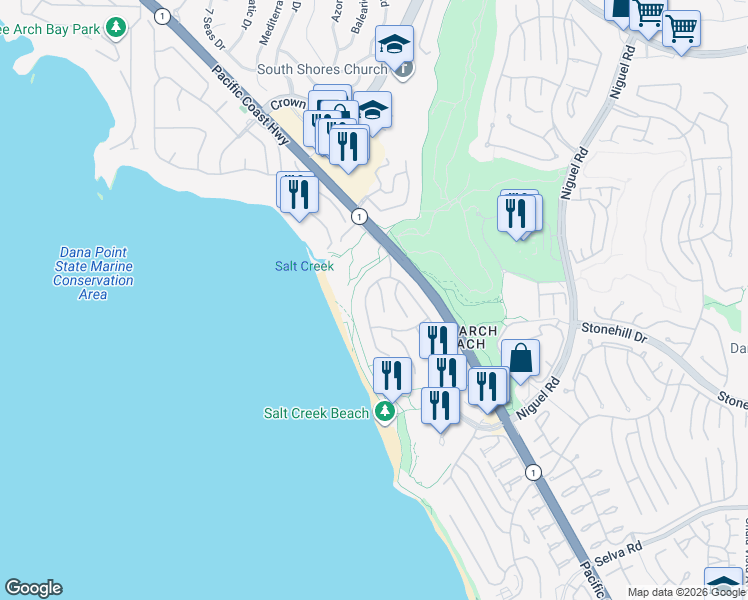 map of restaurants, bars, coffee shops, grocery stores, and more near 44 Ritz Cove Drive in Dana Point