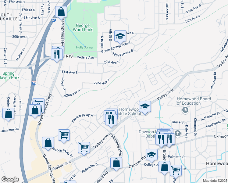 map of restaurants, bars, coffee shops, grocery stores, and more near 1120 Beacon Parkway West in Birmingham
