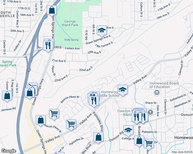 map of restaurants, bars, coffee shops, grocery stores, and more near 1120 Beacon Parkway East in Birmingham