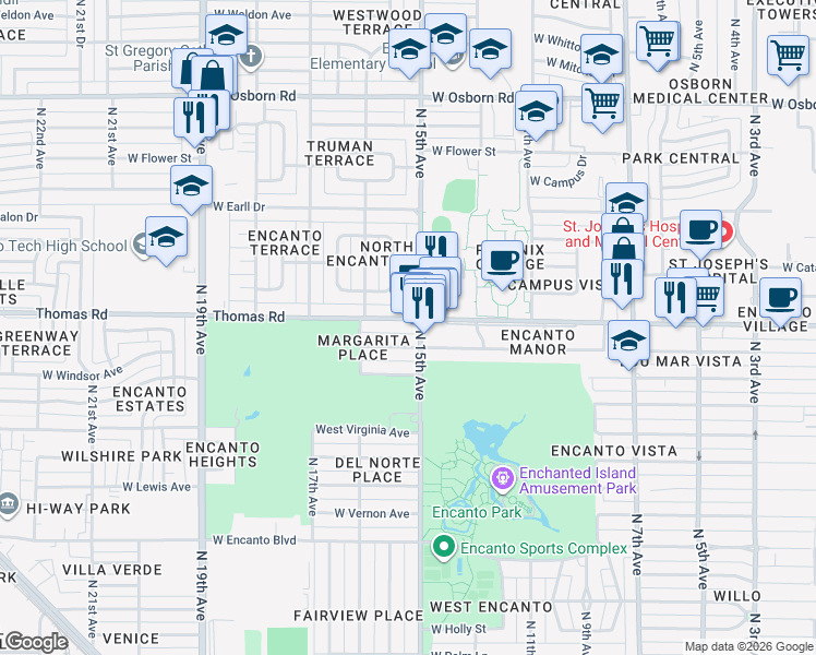 map of restaurants, bars, coffee shops, grocery stores, and more near 1509 West Thomas Road in Phoenix