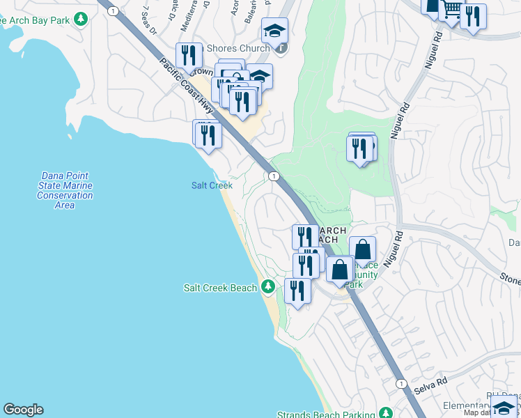 map of restaurants, bars, coffee shops, grocery stores, and more near 44 Ritz Cove Drive in Dana Point
