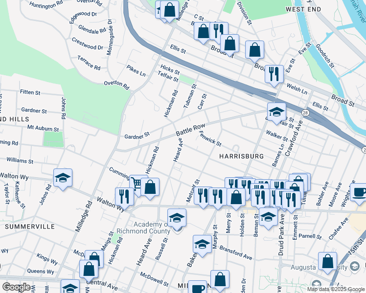 map of restaurants, bars, coffee shops, grocery stores, and more near 712 Heard Avenue in Augusta
