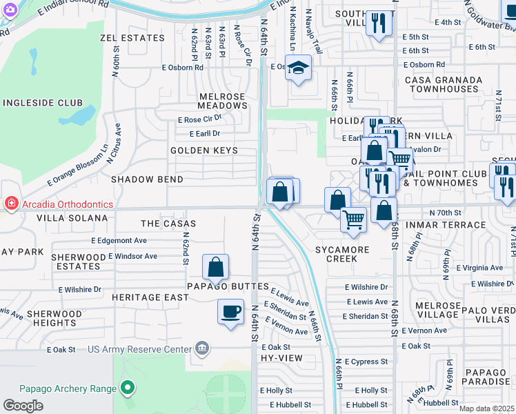 map of restaurants, bars, coffee shops, grocery stores, and more near 6340 East Thomas Road in Scottsdale