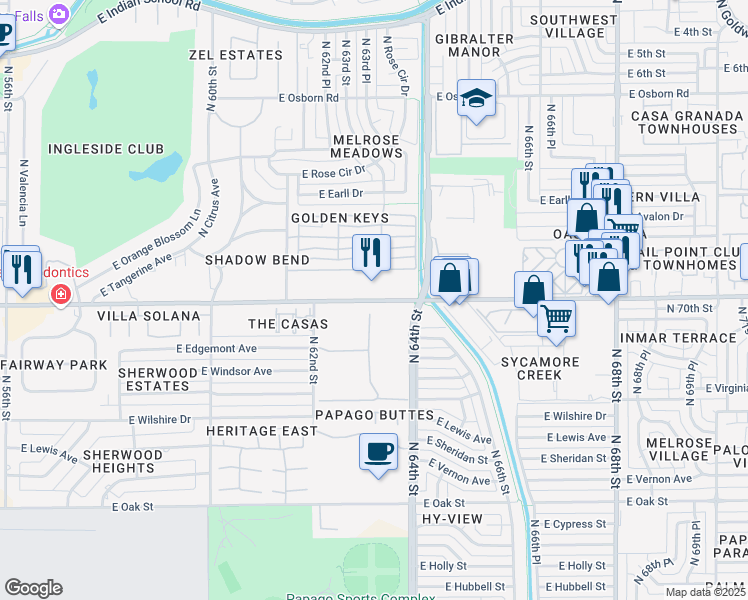 map of restaurants, bars, coffee shops, grocery stores, and more near 6310 East Thomas Road in Scottsdale