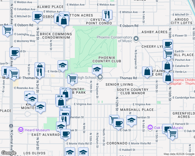 map of restaurants, bars, coffee shops, grocery stores, and more near 1101 East Thomas Road in Phoenix