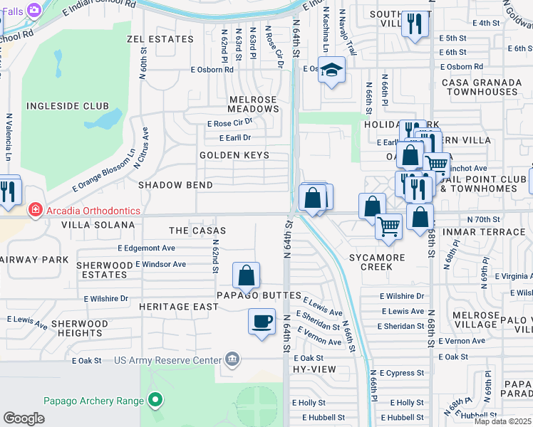 map of restaurants, bars, coffee shops, grocery stores, and more near 6340 East Thomas Road in Scottsdale