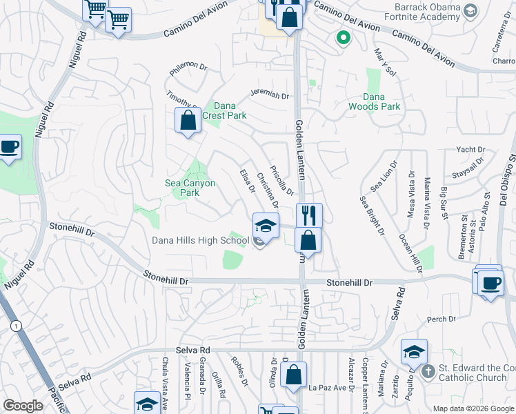 map of restaurants, bars, coffee shops, grocery stores, and more near 33241 Elisa Drive in Dana Point
