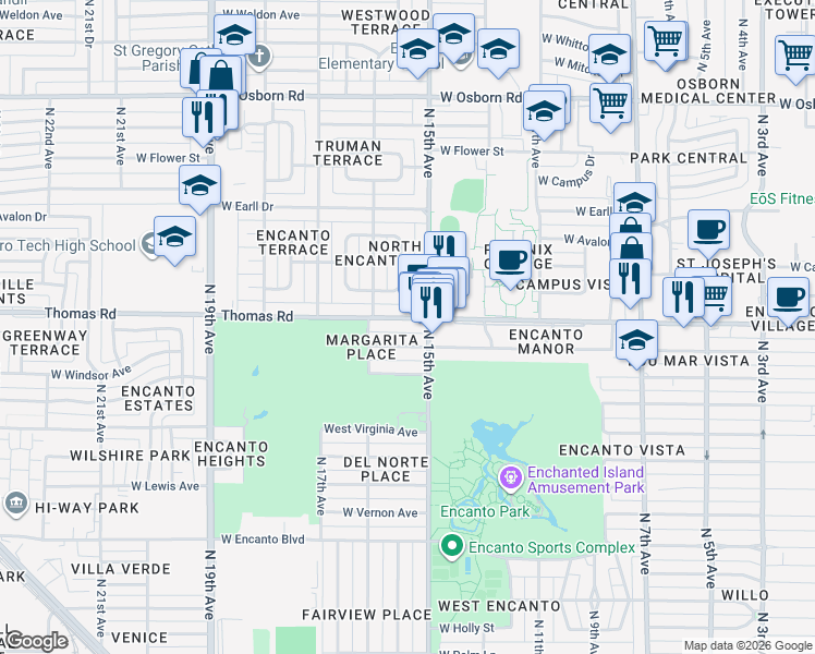 map of restaurants, bars, coffee shops, grocery stores, and more near 1509 West Thomas Road in Phoenix