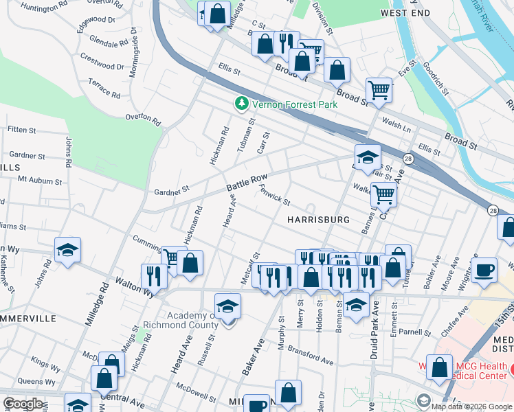 map of restaurants, bars, coffee shops, grocery stores, and more near 2013 Starnes Street in Augusta