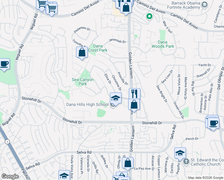 map of restaurants, bars, coffee shops, grocery stores, and more near 33231 Elisa Drive in Dana Point