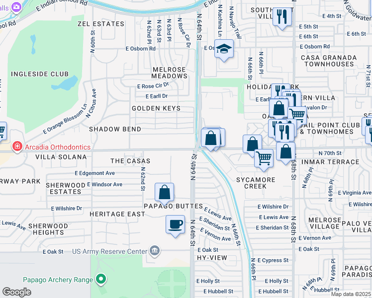 map of restaurants, bars, coffee shops, grocery stores, and more near 6370 East Thomas Road in Scottsdale