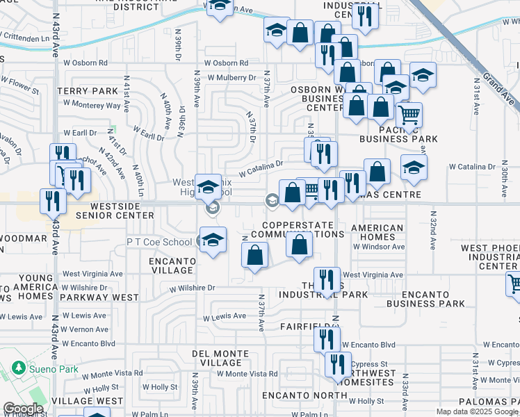 map of restaurants, bars, coffee shops, grocery stores, and more near 3701 West Thomas Road in Phoenix