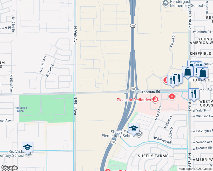 map of restaurants, bars, coffee shops, grocery stores, and more near 9301 West Thomas Road in Phoenix