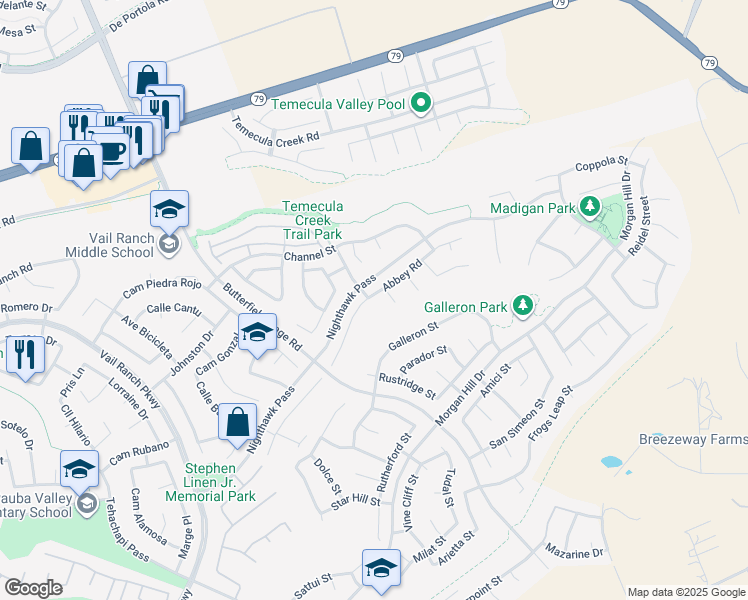 map of restaurants, bars, coffee shops, grocery stores, and more near 33763 Abbey Road in Temecula