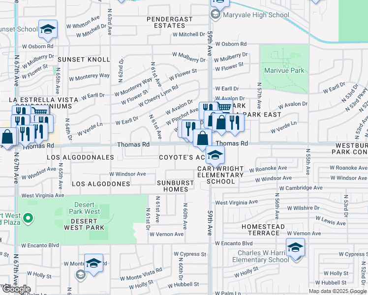 map of restaurants, bars, coffee shops, grocery stores, and more near 6005 West Thomas Road in Phoenix