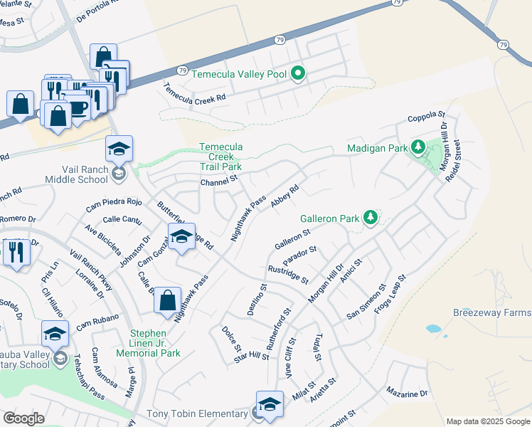 map of restaurants, bars, coffee shops, grocery stores, and more near 33763 Abbey Road in Temecula