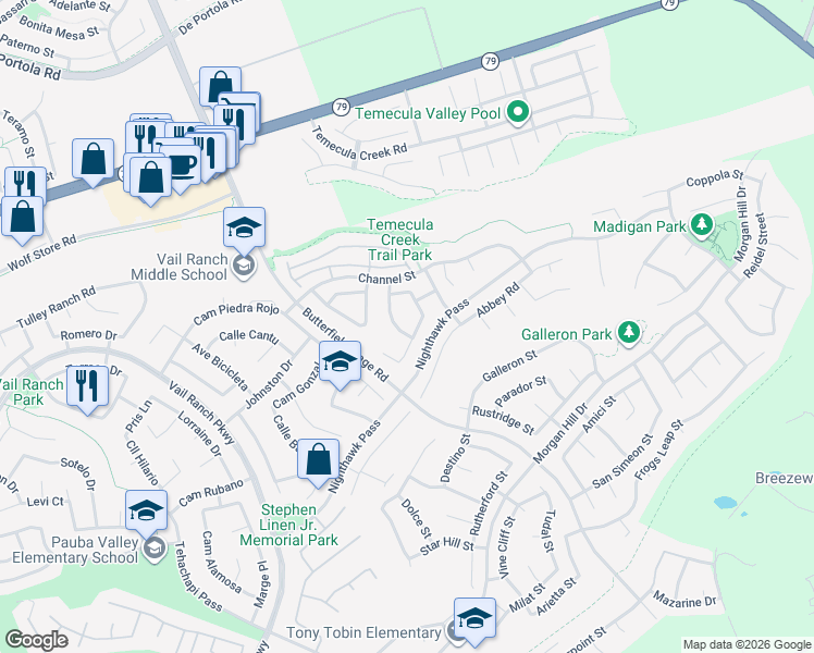 map of restaurants, bars, coffee shops, grocery stores, and more near 44454 Kingston Drive in Temecula