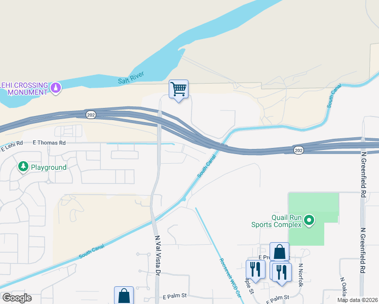 map of restaurants, bars, coffee shops, grocery stores, and more near 3758 East Thomas Road in Mesa