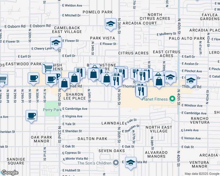 map of restaurants, bars, coffee shops, grocery stores, and more near 2835 North 35th Place in Phoenix