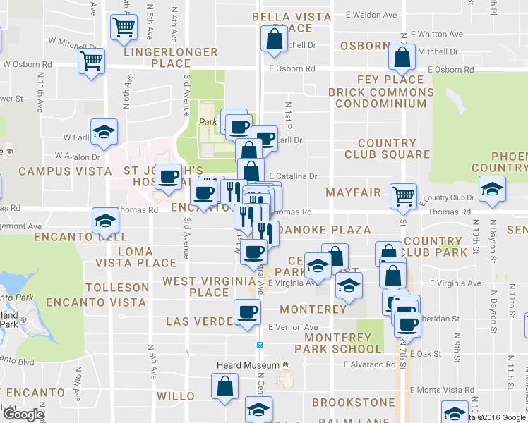 map of restaurants, bars, coffee shops, grocery stores, and more near 3 E Thomas Rd in Phoenix