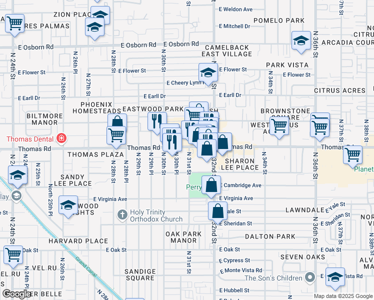 map of restaurants, bars, coffee shops, grocery stores, and more near 3039 East Thomas Road in Phoenix