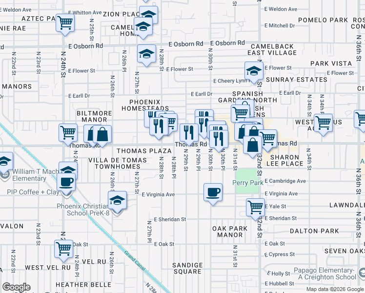 map of restaurants, bars, coffee shops, grocery stores, and more near 2859 East Thomas Road in Phoenix