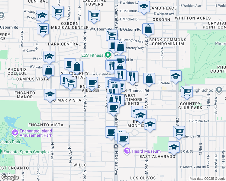 map of restaurants, bars, coffee shops, grocery stores, and more near 30 West Thomas Road in Phoenix