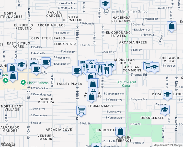 map of restaurants, bars, coffee shops, grocery stores, and more near 4512 E Thomas Rd in Phoenix