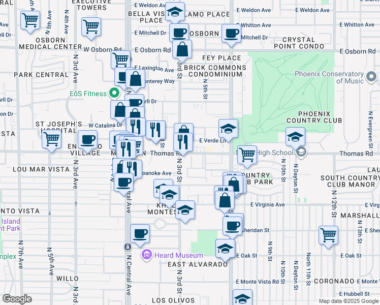 map of restaurants, bars, coffee shops, grocery stores, and more near 355 East Thomas Road in Phoenix
