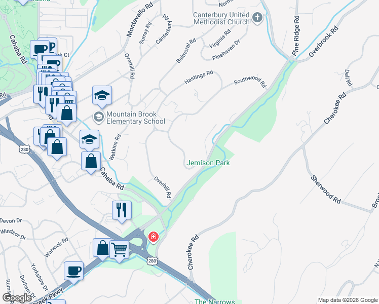 map of restaurants, bars, coffee shops, grocery stores, and more near 3145 Guilford Road in Birmingham
