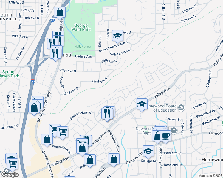 map of restaurants, bars, coffee shops, grocery stores, and more near 1120 Beacon Parkway West in Birmingham