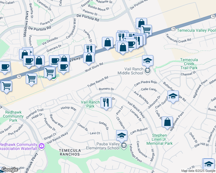 map of restaurants, bars, coffee shops, grocery stores, and more near 33002 Romero Drive in Temecula