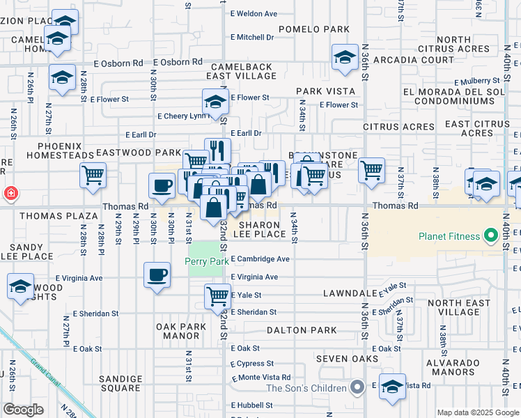 map of restaurants, bars, coffee shops, grocery stores, and more near 2835 North 32nd Place in Phoenix