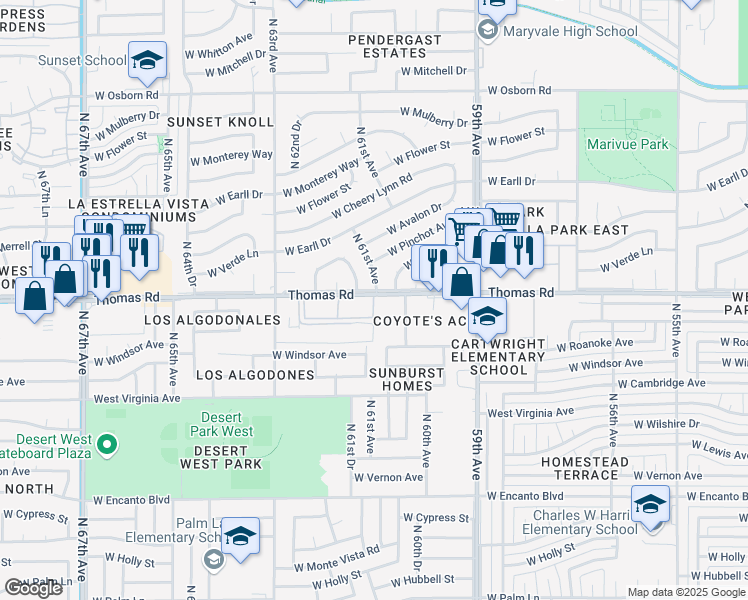 map of restaurants, bars, coffee shops, grocery stores, and more near 19 West Thomas Road in Phoenix