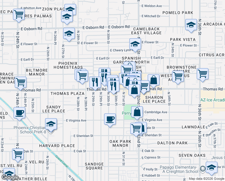 map of restaurants, bars, coffee shops, grocery stores, and more near 3015 East Thomas Road in Phoenix