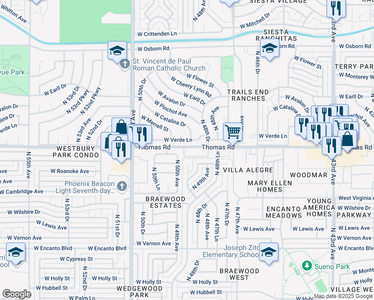 map of restaurants, bars, coffee shops, grocery stores, and more near 4905 West Thomas Road in Phoenix