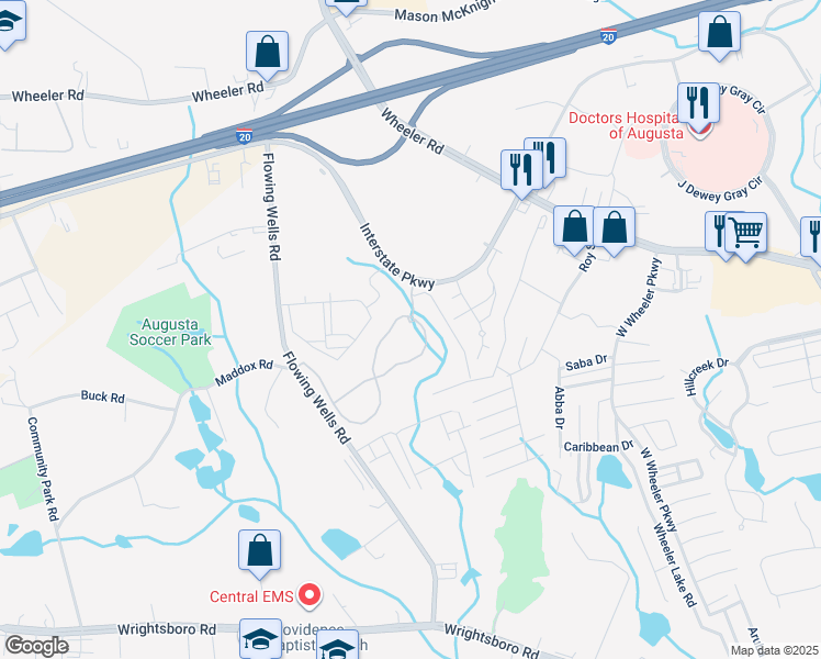 map of restaurants, bars, coffee shops, grocery stores, and more near 1150 Interstate Parkway in Augusta