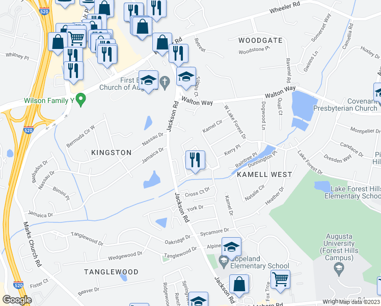 map of restaurants, bars, coffee shops, grocery stores, and more near 3204 North Wimbledon Drive in Augusta