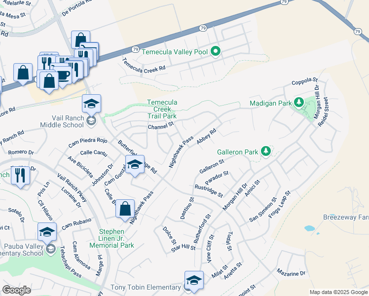 map of restaurants, bars, coffee shops, grocery stores, and more near 33734 Abbey Road in Temecula