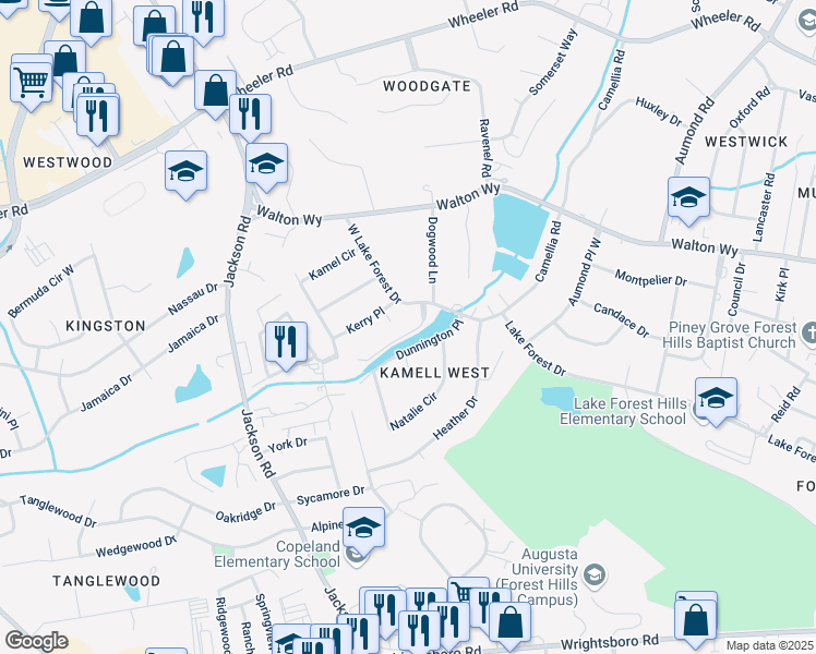 map of restaurants, bars, coffee shops, grocery stores, and more near 3150 W Lake Forest Dr in Augusta