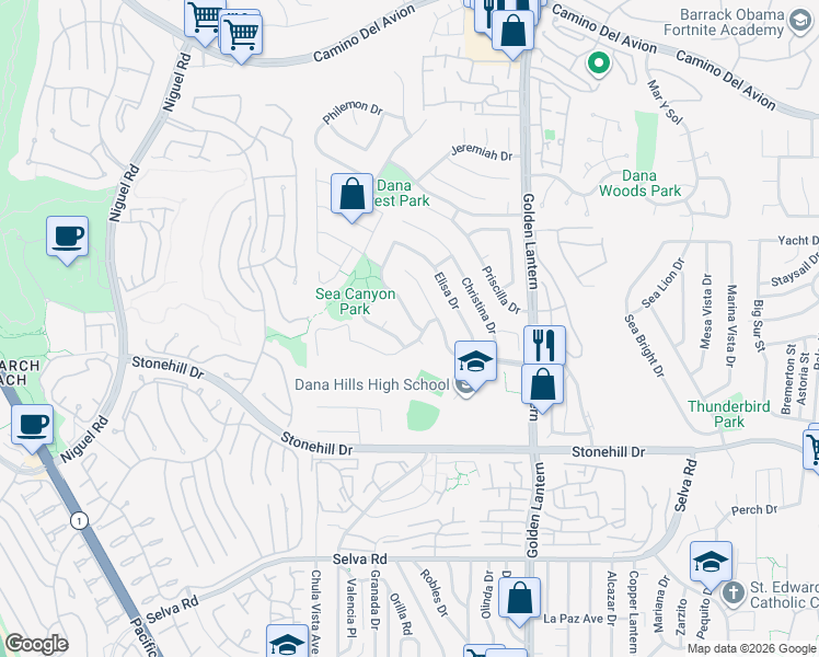 map of restaurants, bars, coffee shops, grocery stores, and more near 33211 Santiago Drive in Dana Point