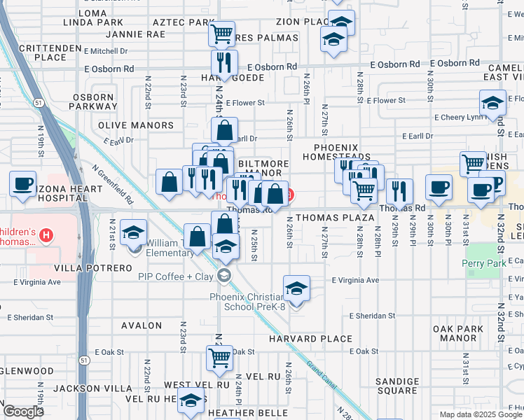 map of restaurants, bars, coffee shops, grocery stores, and more near 2515 East Thomas Road in Phoenix