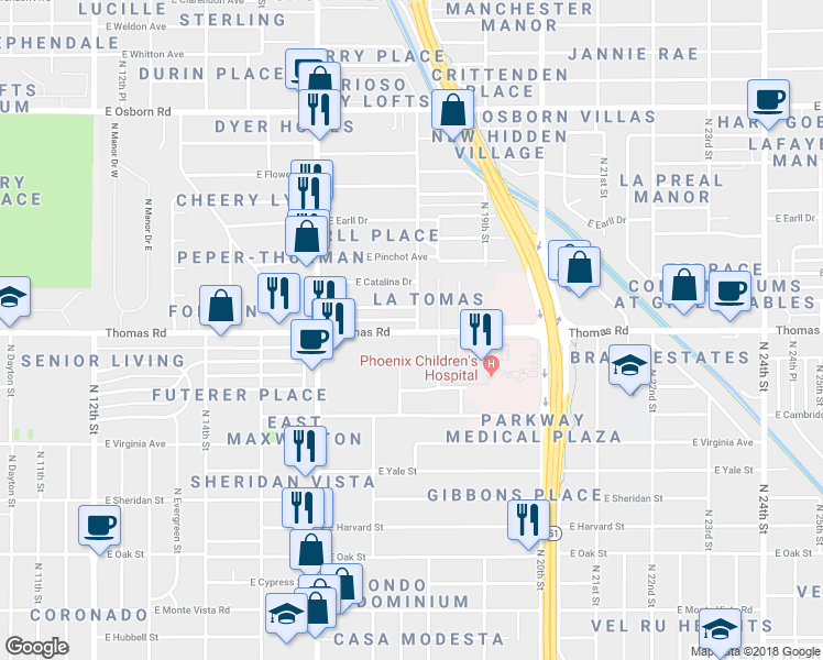 map of restaurants, bars, coffee shops, grocery stores, and more near 1741 East Thomas Road in Phoenix