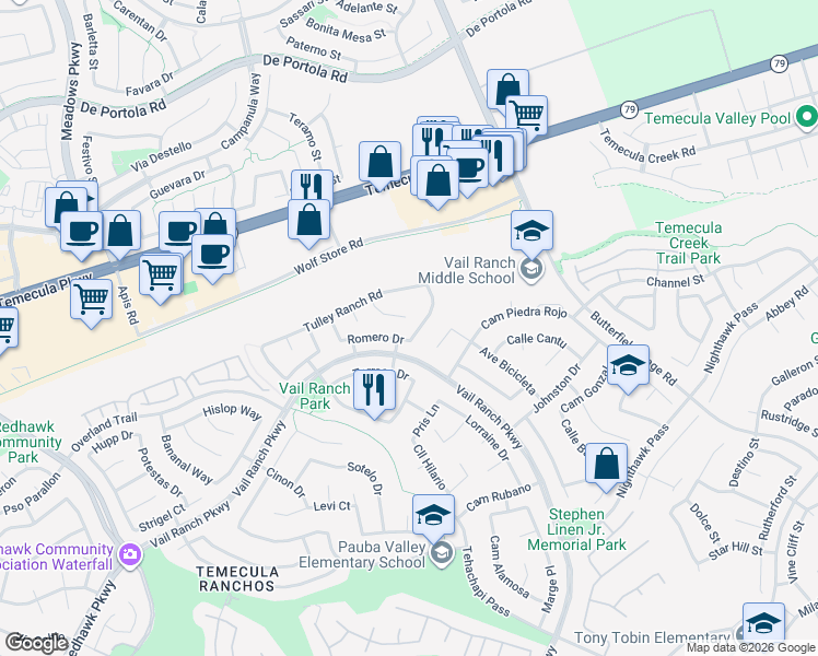 map of restaurants, bars, coffee shops, grocery stores, and more near 33042 Romero Drive in Temecula