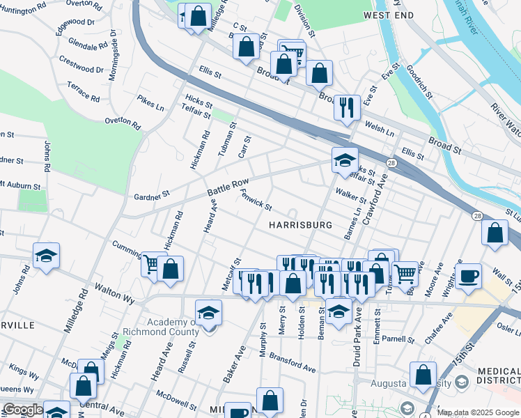 map of restaurants, bars, coffee shops, grocery stores, and more near 710 Metcalf Street in Augusta