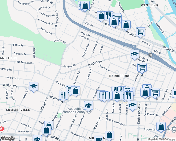 map of restaurants, bars, coffee shops, grocery stores, and more near 712 Heard Avenue in Augusta