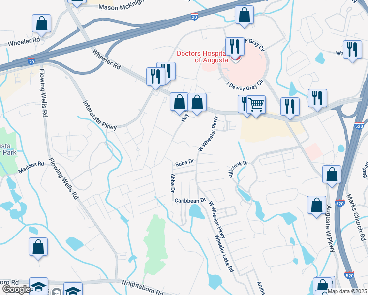 map of restaurants, bars, coffee shops, grocery stores, and more near 1227 West Wheeler Parkway in Augusta
