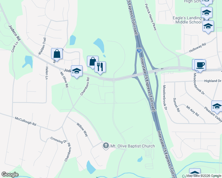 map of restaurants, bars, coffee shops, grocery stores, and more near 2239 Jodeco Road in McDonough